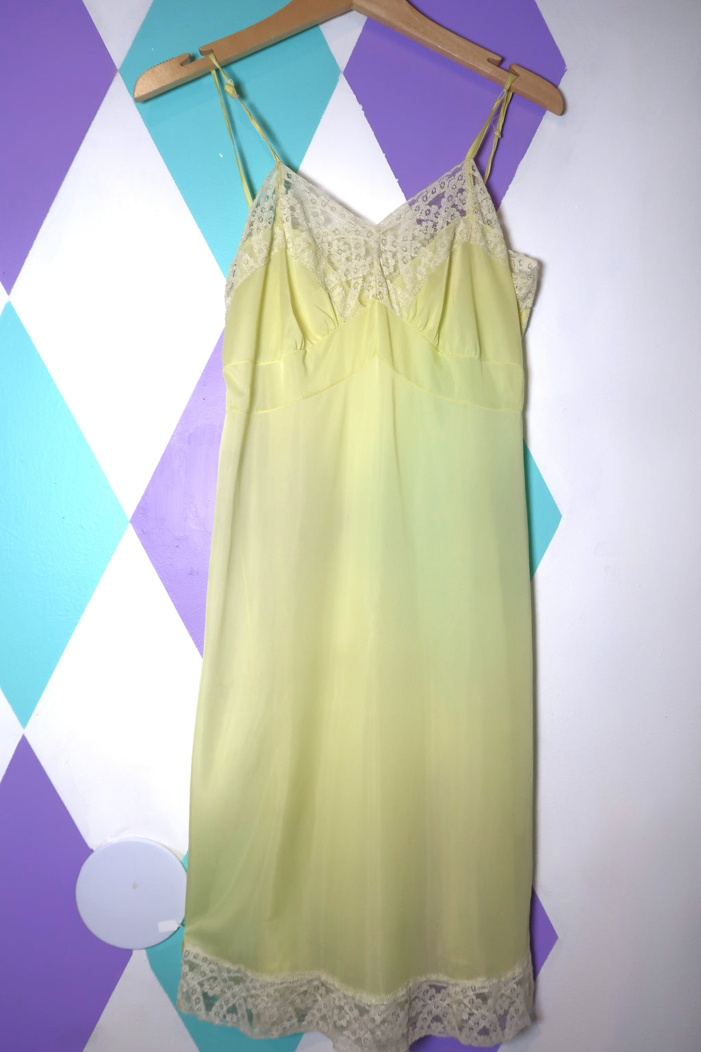 Vintage Pale Yellow Slip Dress with Lace Trim