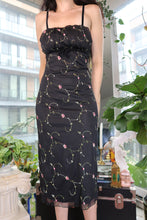 Load image into Gallery viewer, Vintage 2000s Black Floral Midi Dress – Spaghetti Strap Y2K Slip Style
