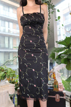Load image into Gallery viewer, Vintage 2000s Black Floral Midi Dress – Spaghetti Strap Y2K Slip Style
