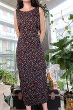 Load image into Gallery viewer, Vintage 90s Black Midi Dress with Red Rose Floral Print by Teddi
