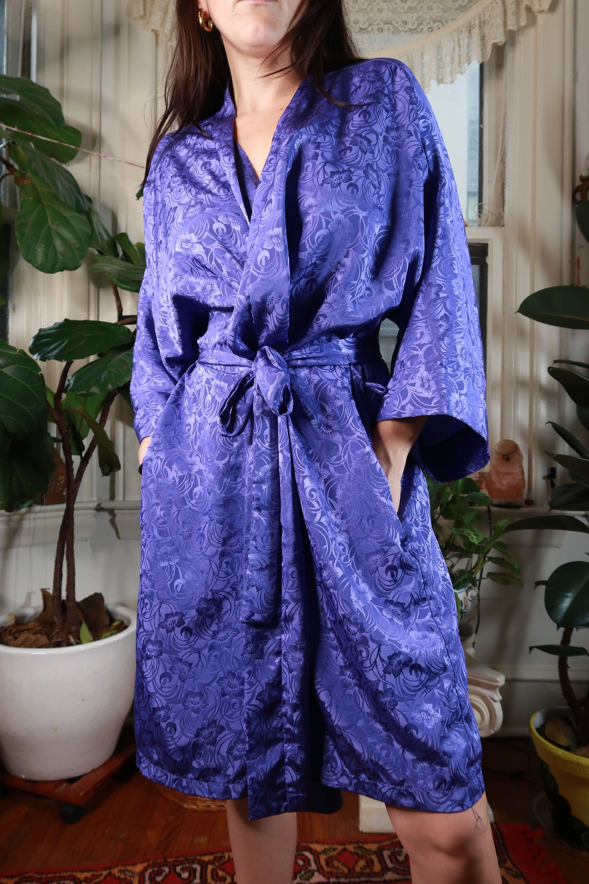 Vintage Purple Floral Jacquard Satin Robe