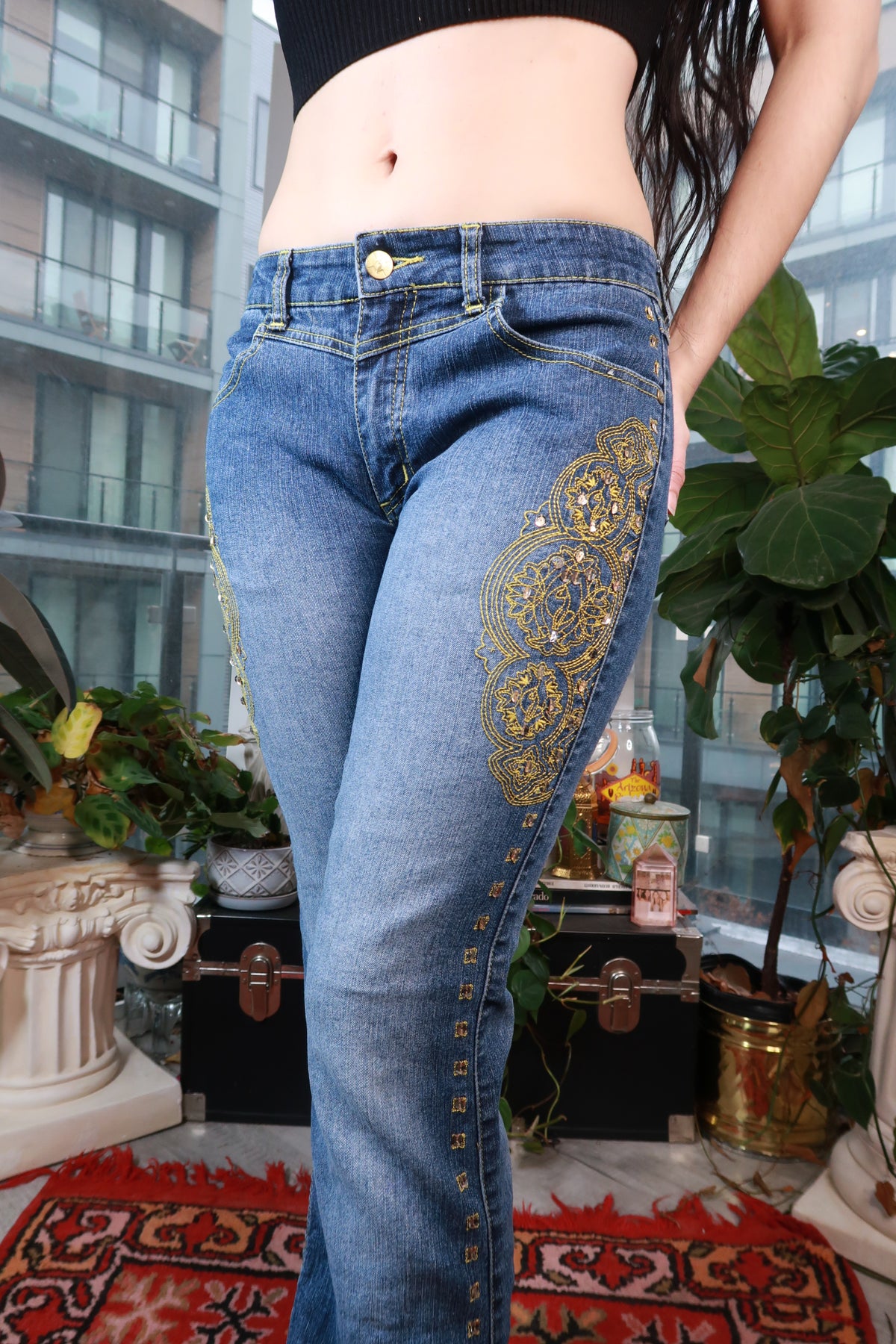 2000s Baby Phat Gold Embroidered Low Rise Jeans - Elektra Vintage