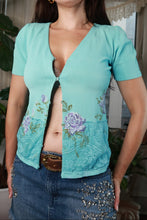 Load image into Gallery viewer, Women's vintage aqua floral lace knit cardigan by Elektra Vintage, featuring intricate lace details and a cozy knit texture.
