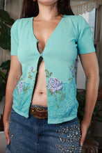 Load image into Gallery viewer, Women's vintage aqua floral lace knit cardigan by Elektra Vintage, featuring intricate lace details and a cozy knit texture.
