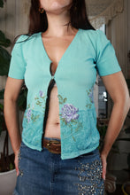 Load image into Gallery viewer, Women's vintage aqua floral lace knit cardigan by Elektra Vintage, featuring delicate lace details and a cozy knit design.
