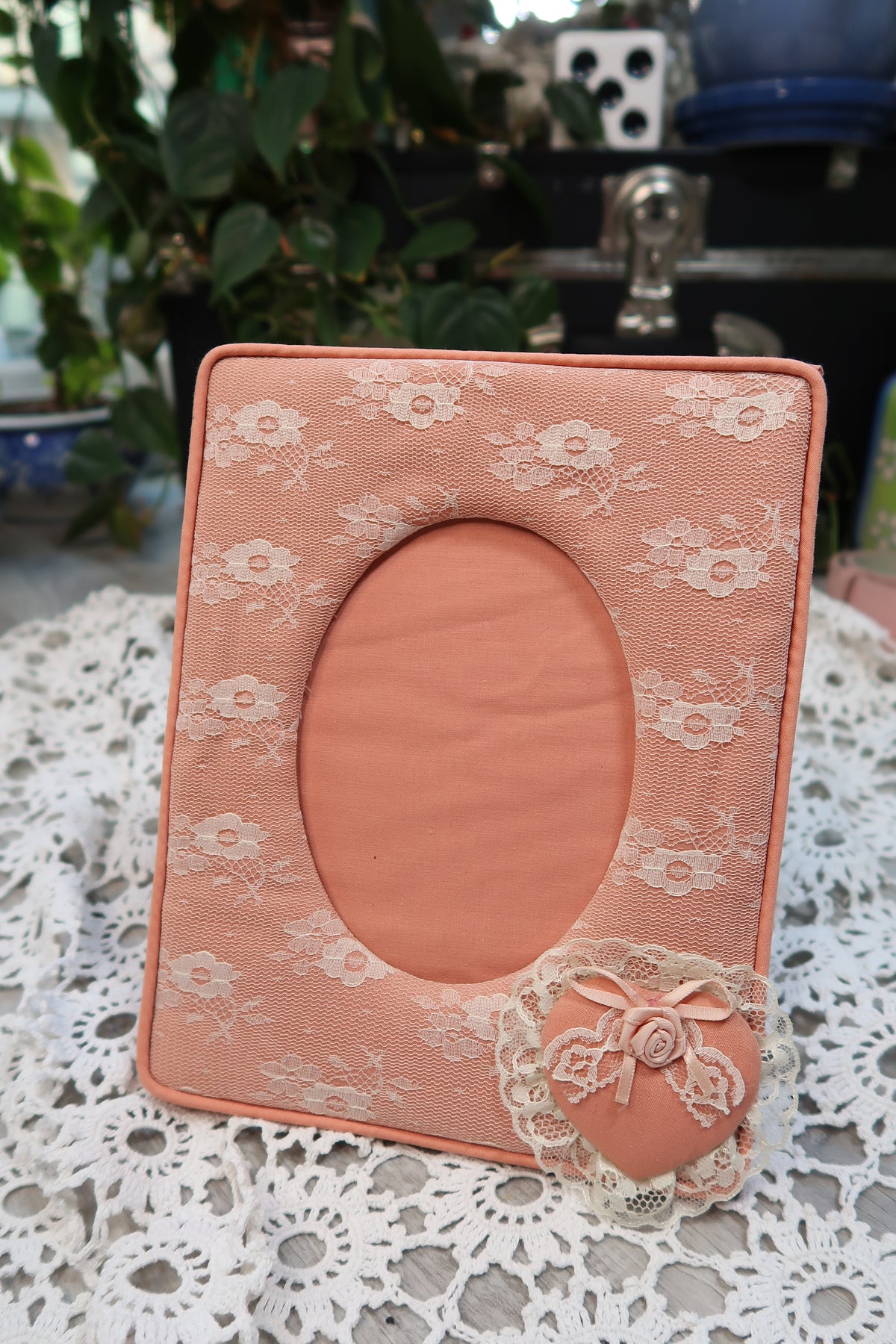 Vintage pink lace fabric picture frame by Elektra Vintage with intricate lace details and a classic design.