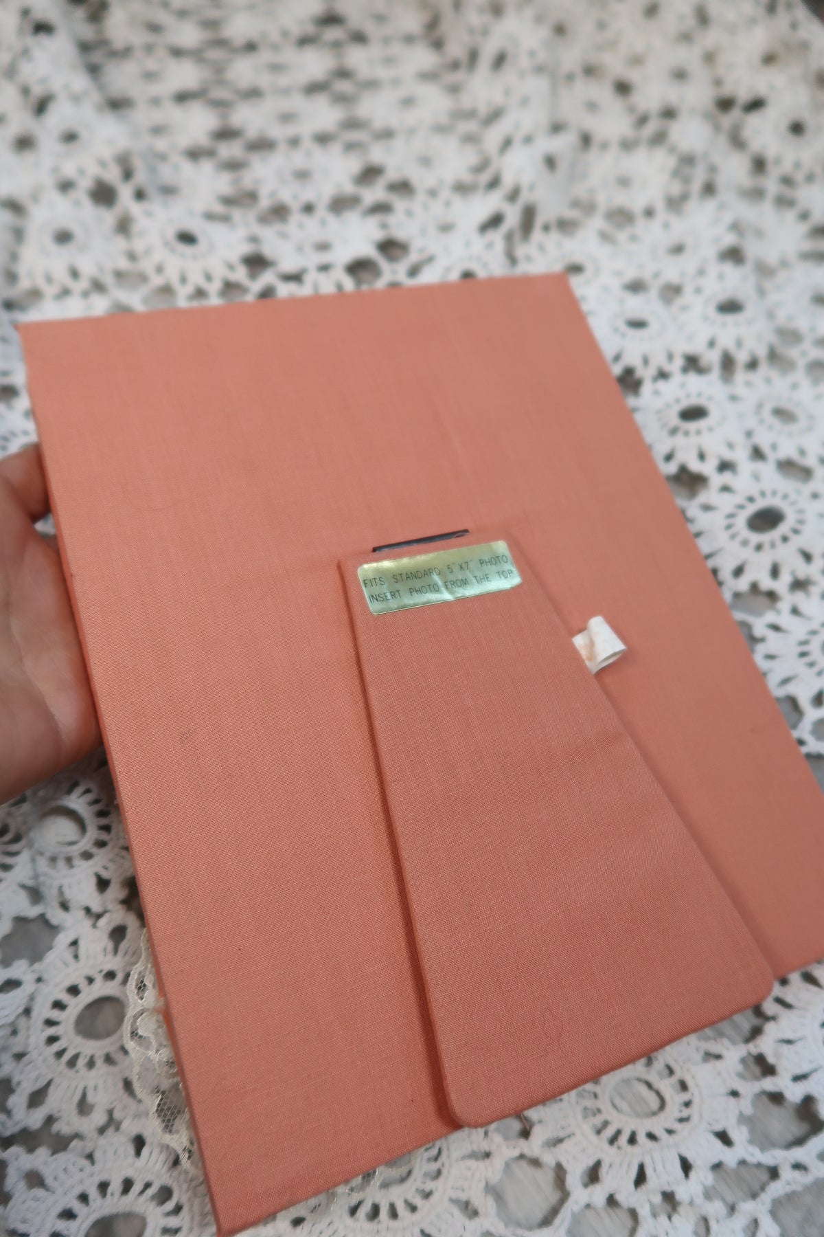 Vintage pink lacy fabric picture frame by Elektra Vintage with delicate lace details and a classic design.