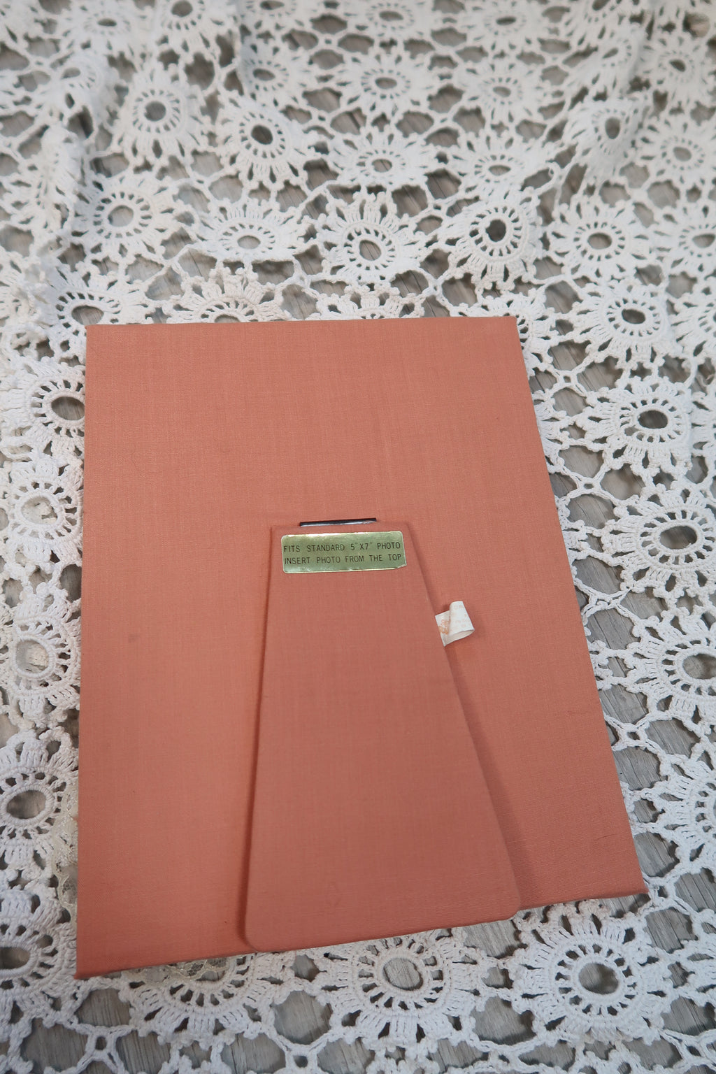 Vintage pink lace fabric picture frame by Elektra Vintage featuring delicate lace details and a classic design.