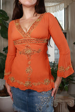 Load image into Gallery viewer, Vintage 2000s Bebe orange silk beaded women's top by Elektra Vintage, featuring intricate bead detailing and a stylish fit.
