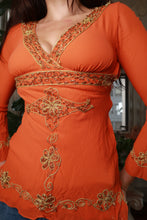 Load image into Gallery viewer, Vintage 2000s Bebe women's silk orange beaded top by Elektra Vintage, featuring intricate beading and a stylish fit.
