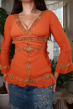 Load image into Gallery viewer, Vintage 2000s Bebe orange beaded silk top for women, featuring intricate beadwork and elegant style, by Elektra Vintage.
