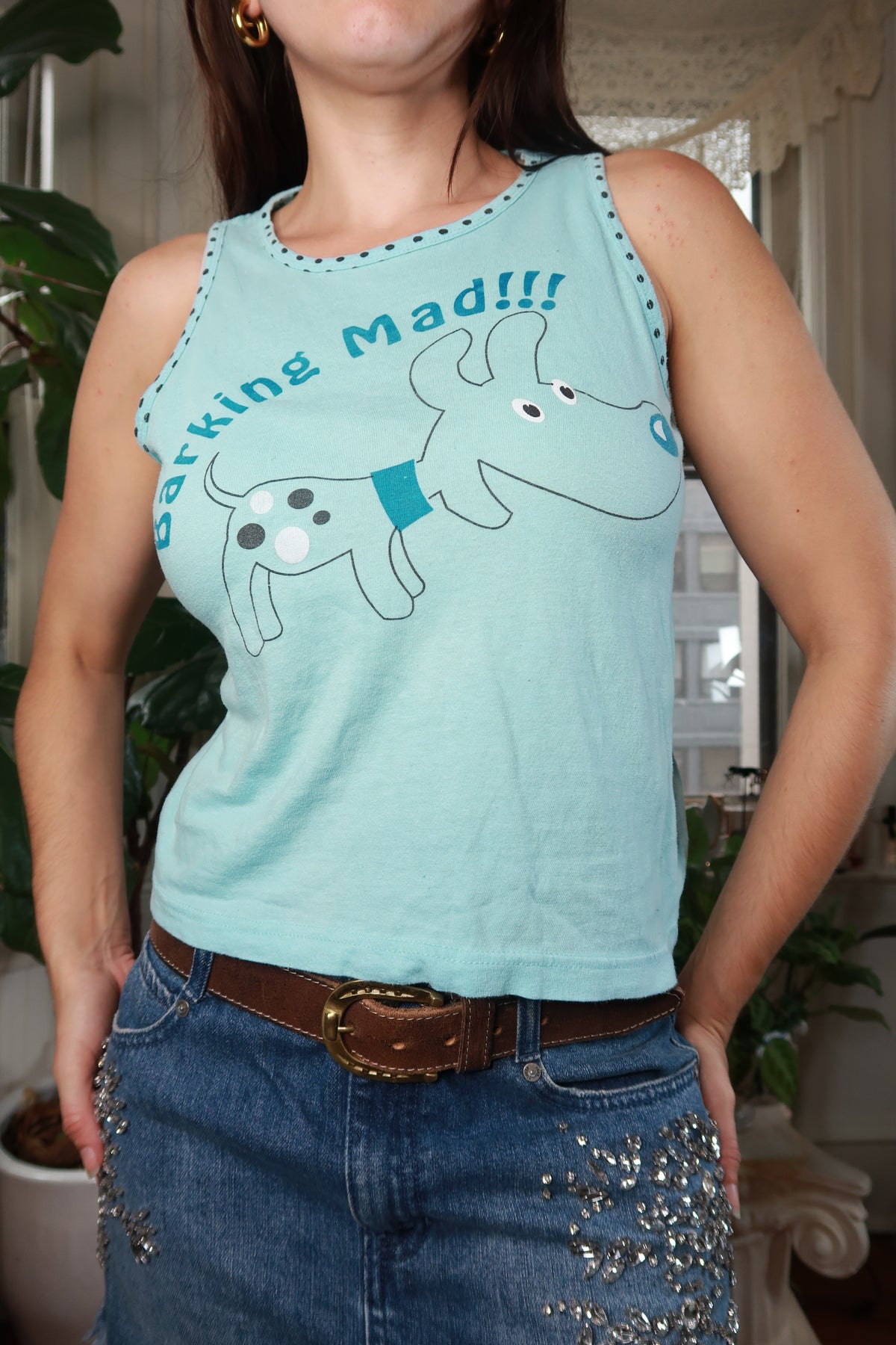 Elektra Vintage women's Y2K Barking Mad graphic tank top with bold print and vintage style, sleeveless design, on white background.