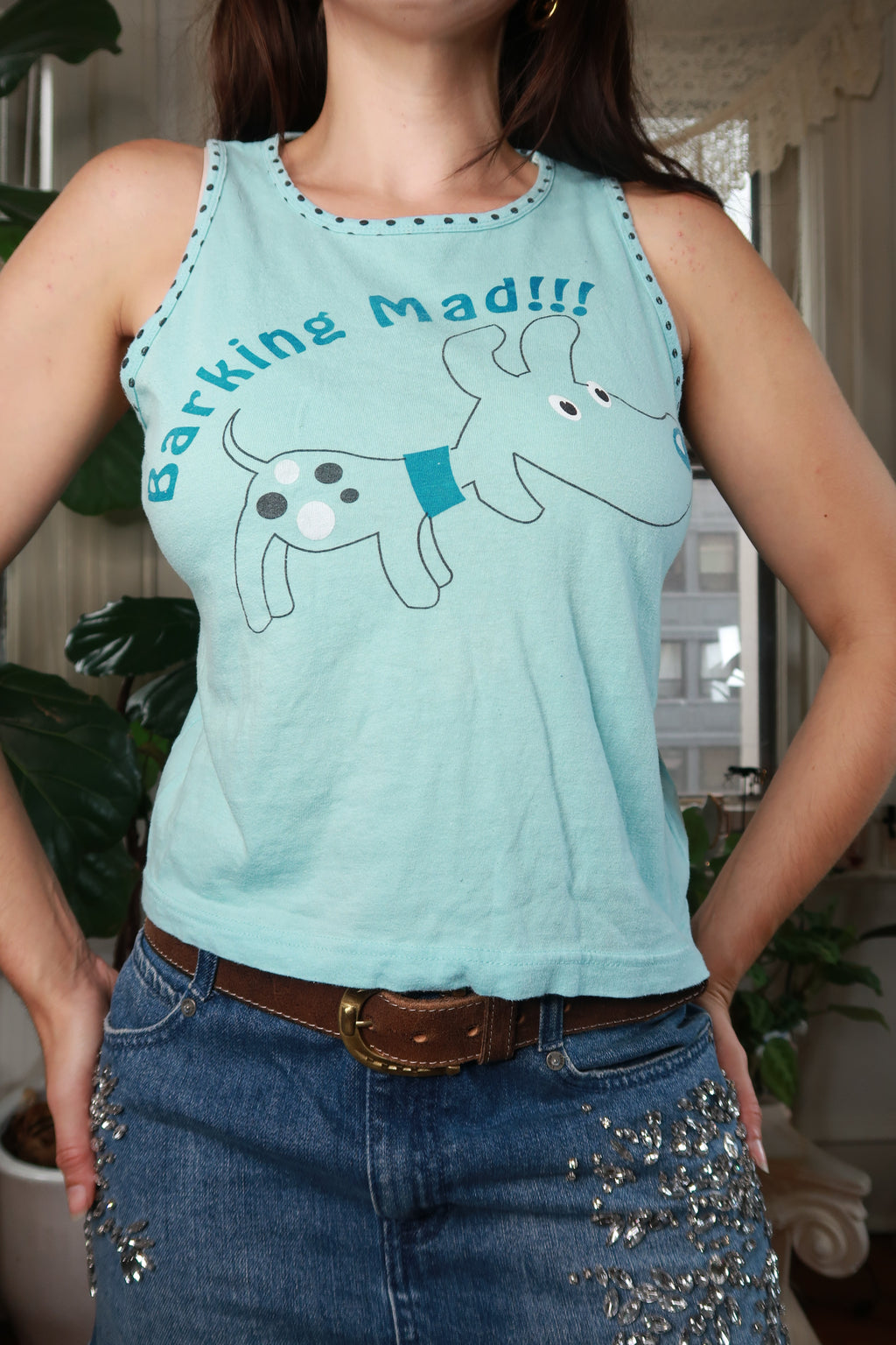 Women's Vintage Y2K Barking Mad graphic tank top by Elektra Vintage featuring bold, colorful bark design on soft fabric.