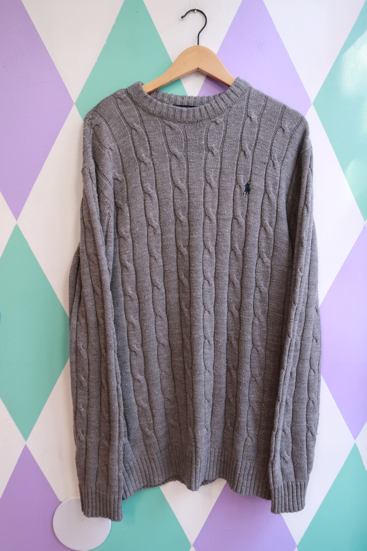 Vintage Polo Ralph Lauren Grey Cable-Knit Crewneck Sweater - Elektra Vintage
