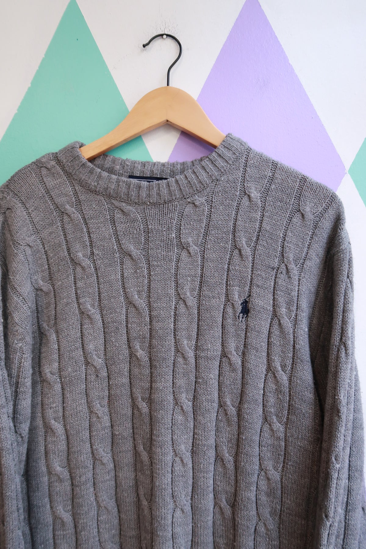 Vintage Polo Ralph Lauren Grey Cable-Knit Crewneck Sweater - Elektra Vintage
