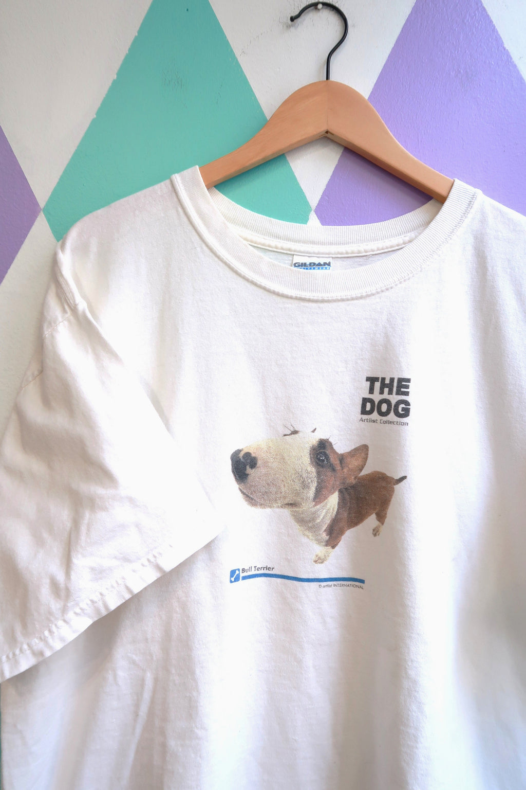 White Vintage 2000s "The Dog" Bull Terrier graphic T-shirt by Elektra Vintage, featuring a bold Bull Terrier illustration.