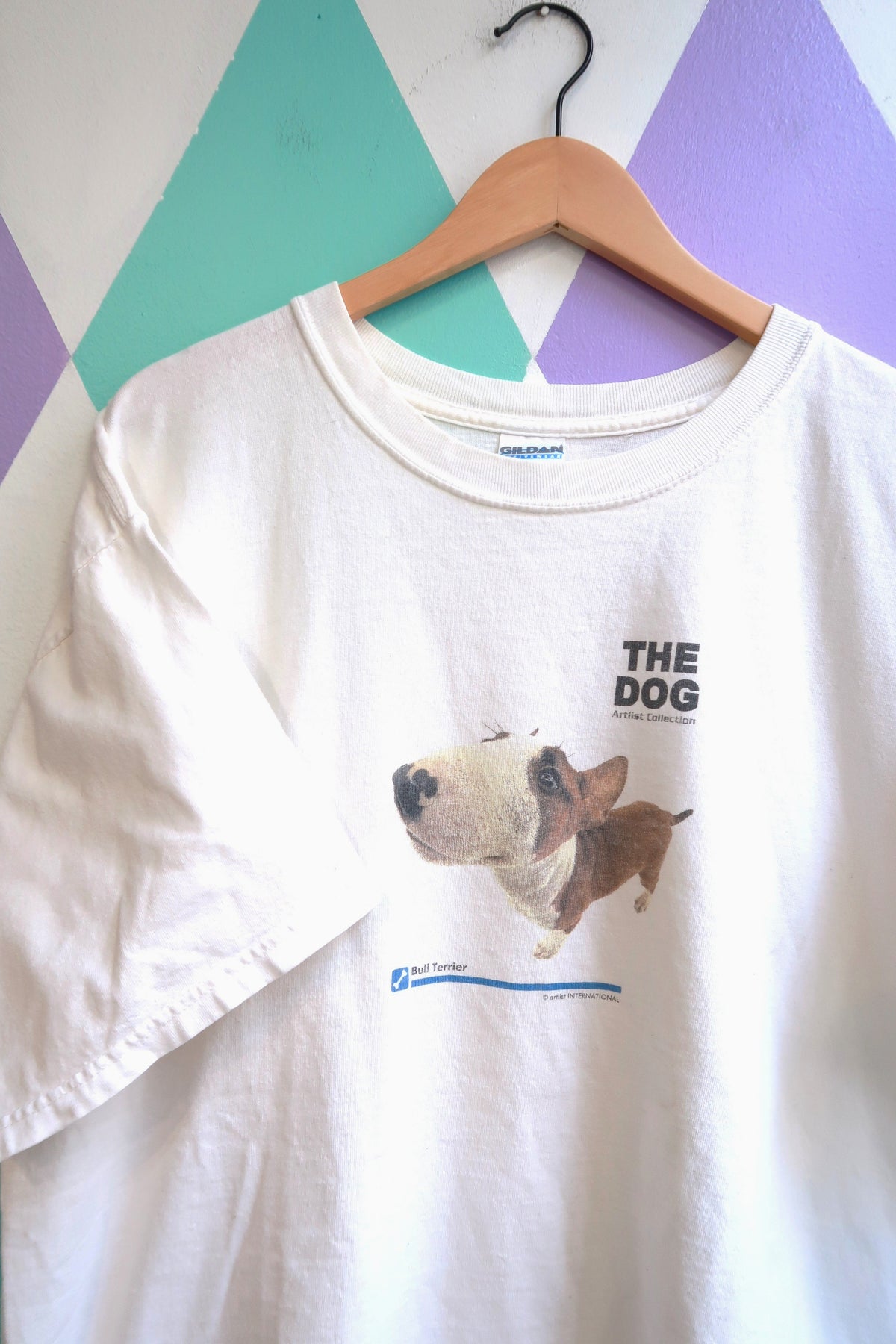 White Vintage 2000s "The Dog" Bull Terrier graphic T-shirt by Elektra Vintage, featuring a bold Bull Terrier illustration.