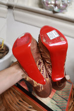 Load image into Gallery viewer, Christian Louboutin Fauve Printed Canvas Jenny 150 Platform Peep Toe Heels
