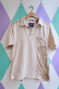Vintage 2000s Beige Graphic Polo Shirt with Embroidered Collar - Elektra Vintage