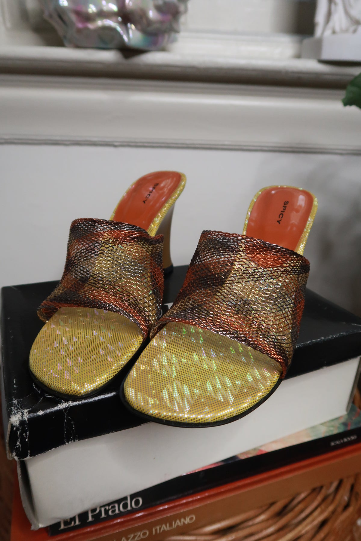 Vintage 2000s metallic mesh wedge mules by Elektra Vintage, featuring shiny, textured fabric and a classic slip-on design.