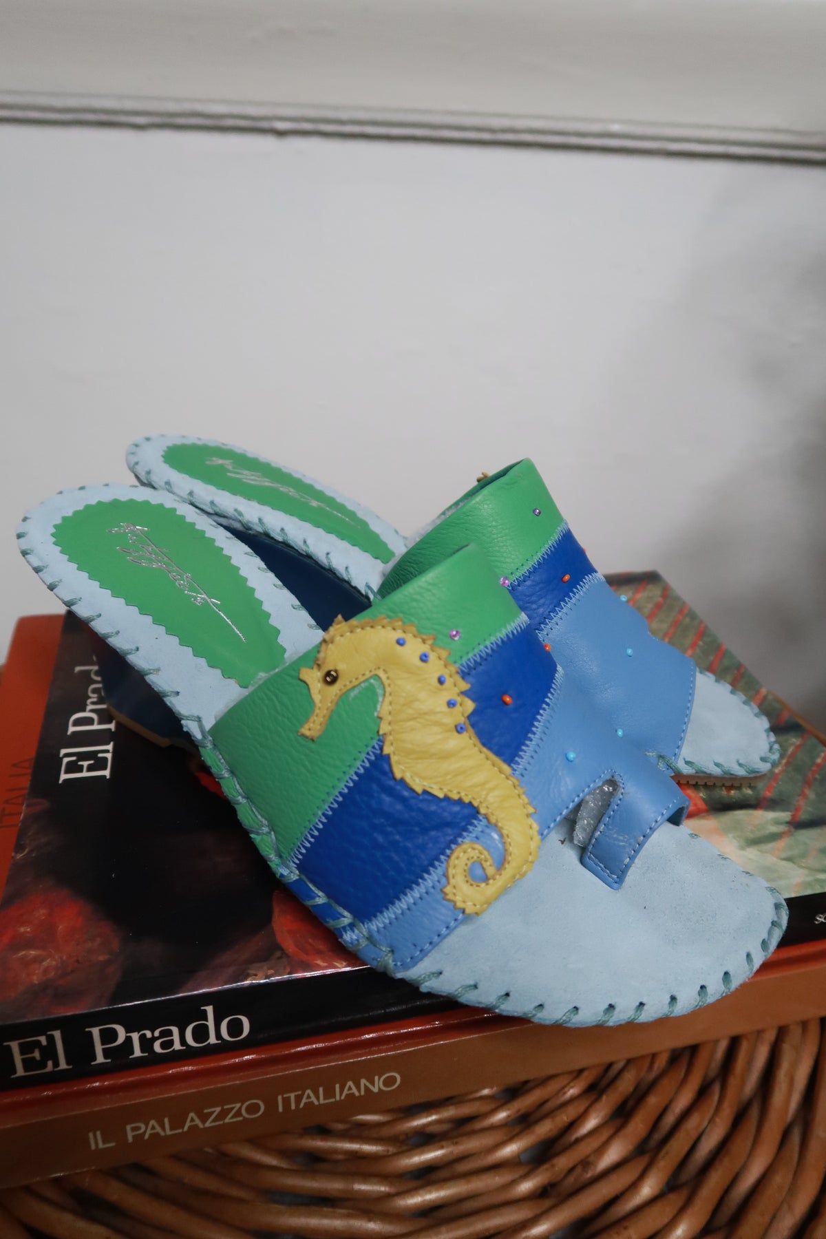 Vintage 2000s leather seahorse patchwork wedge sandals by Elektra Vintage, featuring colorful leather and unique design elements.