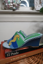 Load image into Gallery viewer, Deadstock Vintage 2000s Leather Seahorse Patchwork Wedge Sandals
