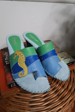 Load image into Gallery viewer, Deadstock Vintage 2000s Leather Seahorse Patchwork Wedge Sandals

