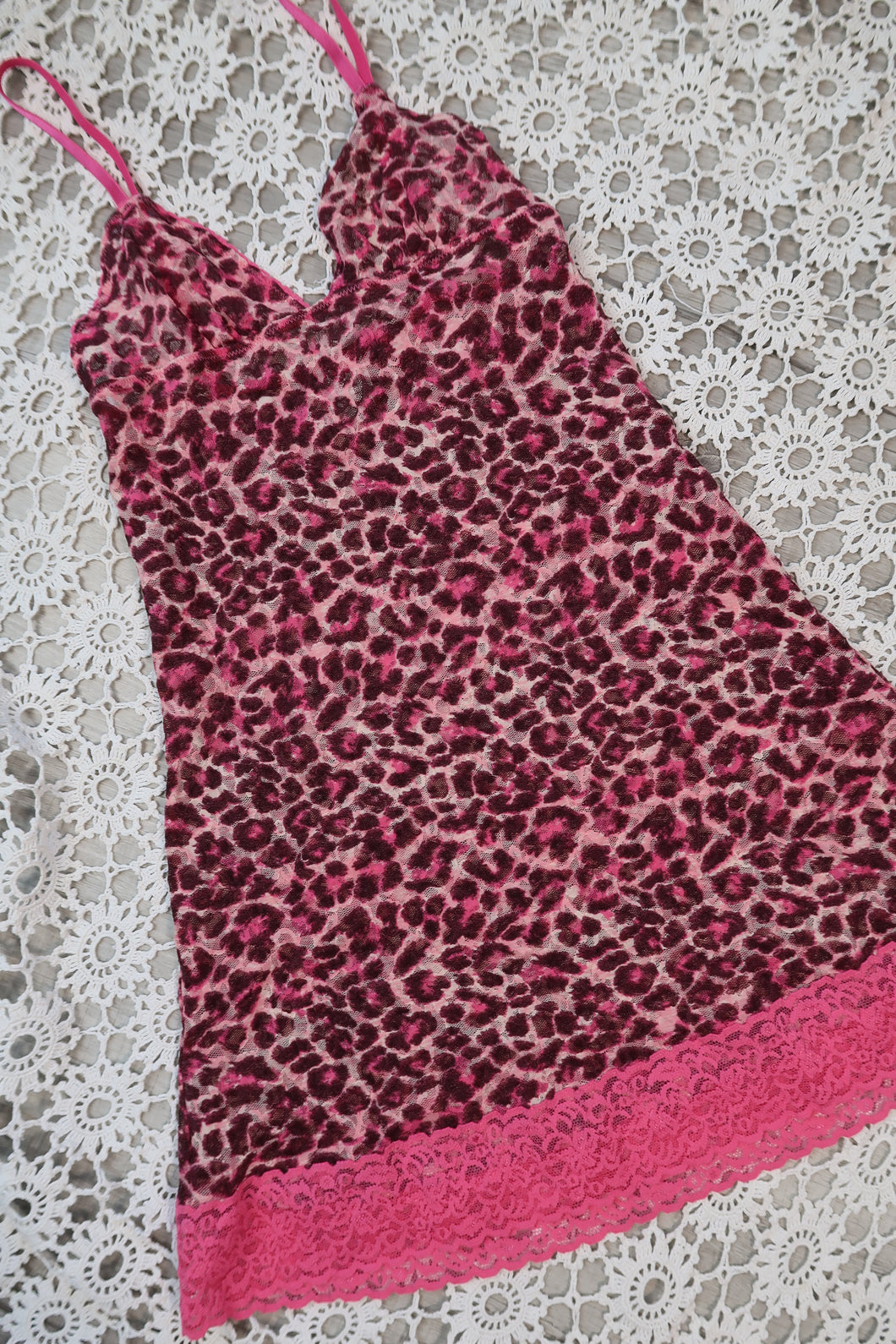 Vintage 2000s Hot Pink Leopard Print Lace Slip Dress