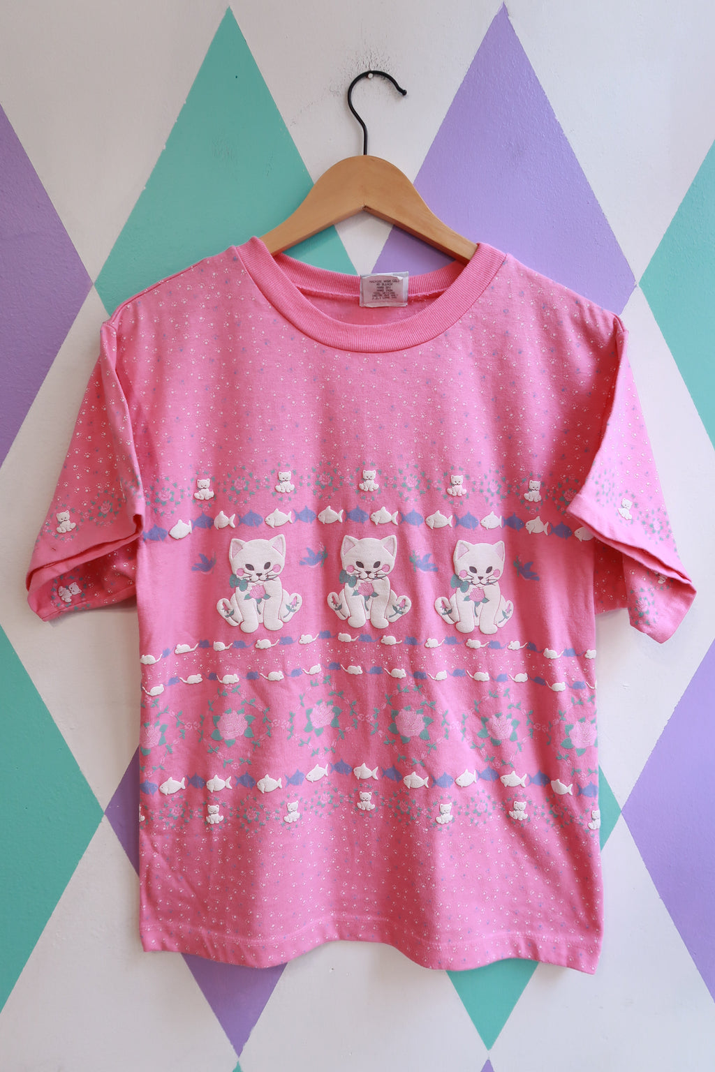Vintage 80s Pink Kitten Allover Graphic Tee - Elektra Vintage