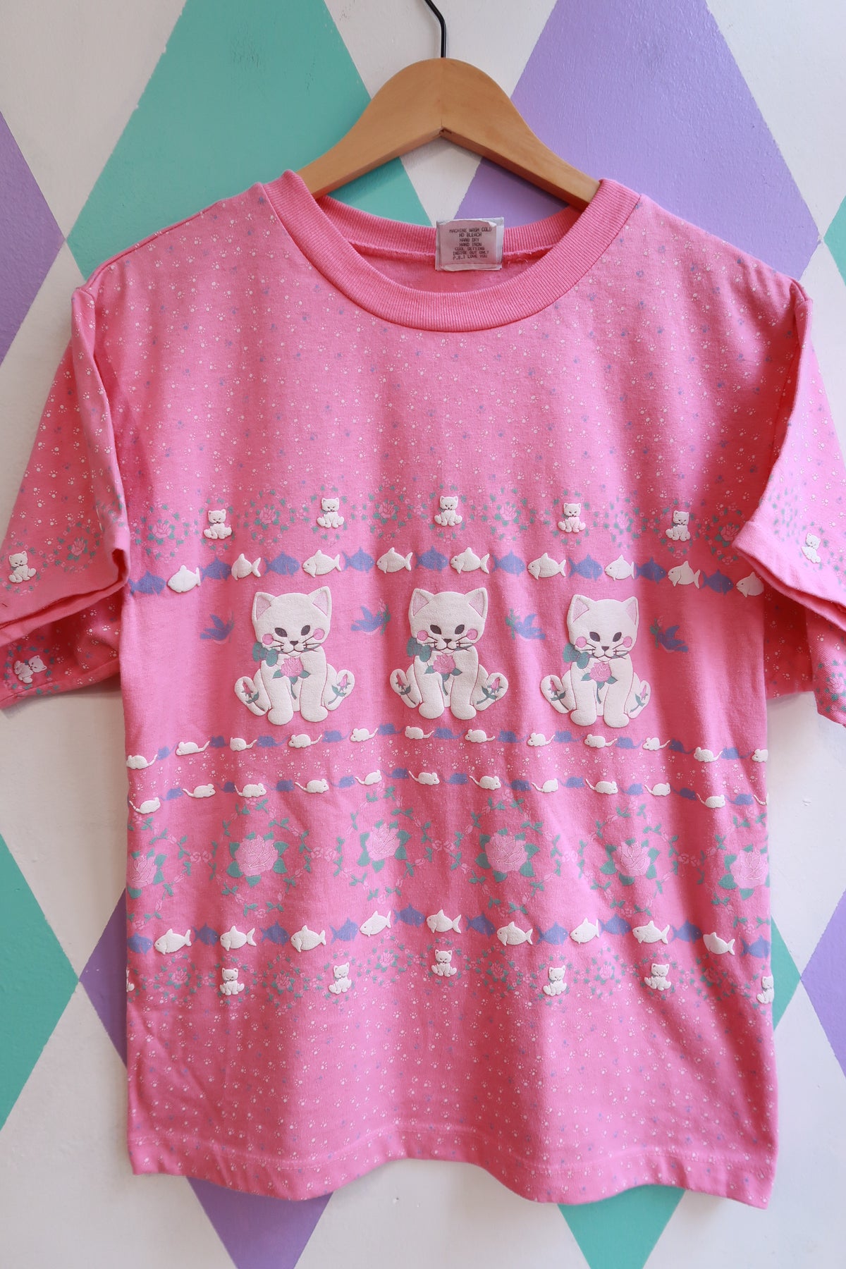 Vintage 80s Pink Kitten Allover Graphic Tee - Elektra Vintage