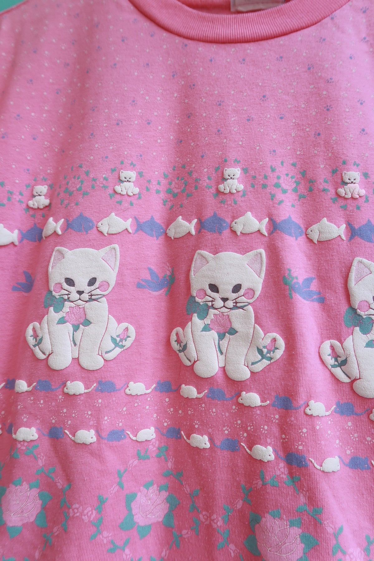 Vintage 80s Pink Kitten Allover Graphic Tee - Elektra Vintage