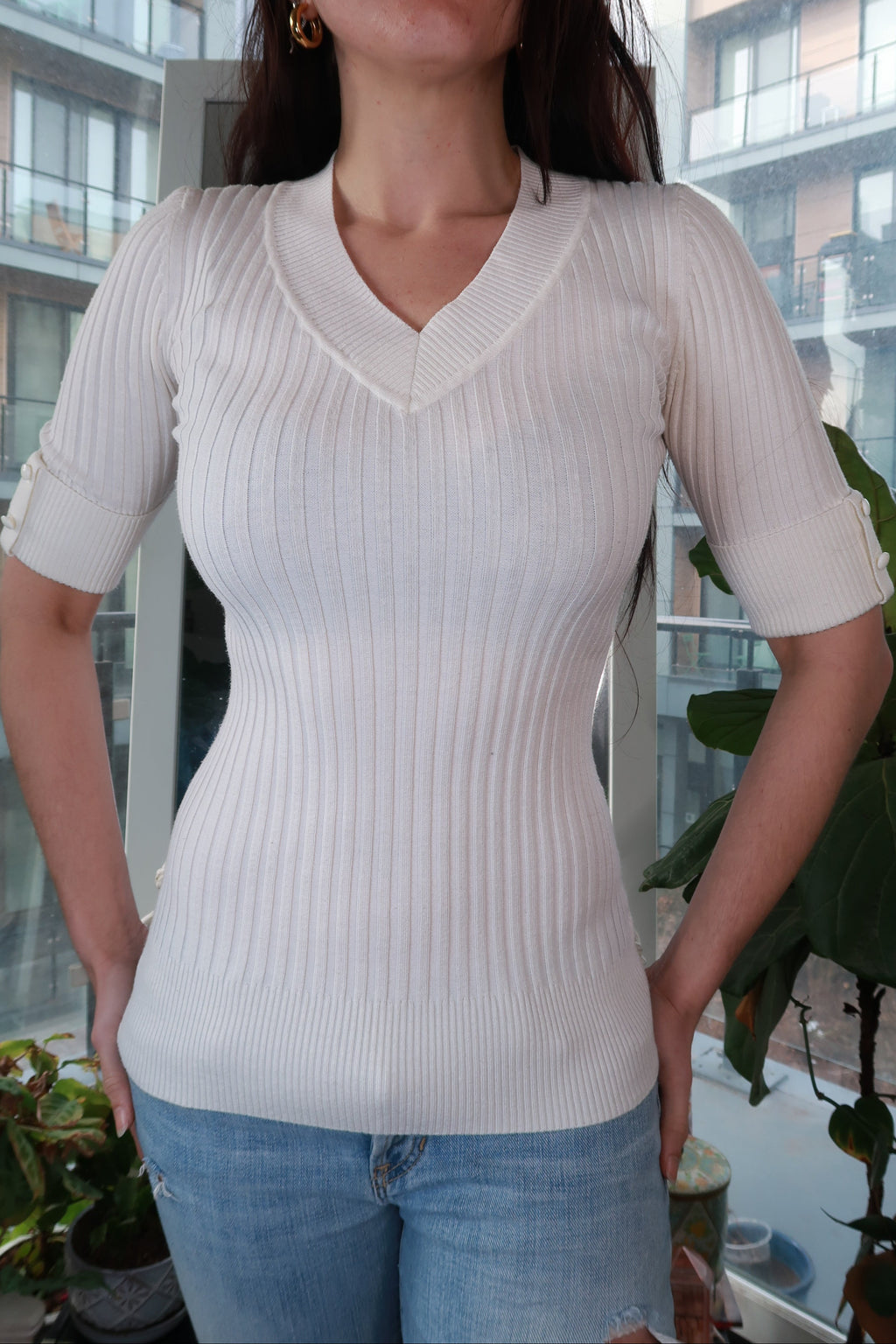 V-Neck Rib Sweater Tee - Elektra Vintage