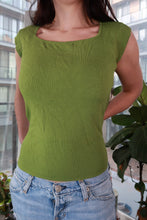 Load image into Gallery viewer, Olive green knit top by Elektra Vintage, featuring a Y2K square neck and cap sleeves, perfect for vintage-inspired outfits.
