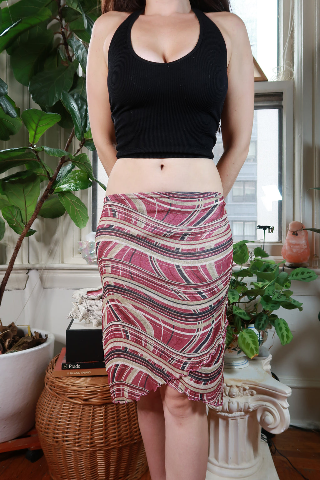 Elektra Vintage burgundy Y2K abstract print asymmetrical midi skirt for women, stylish vintage bottom with unique design.