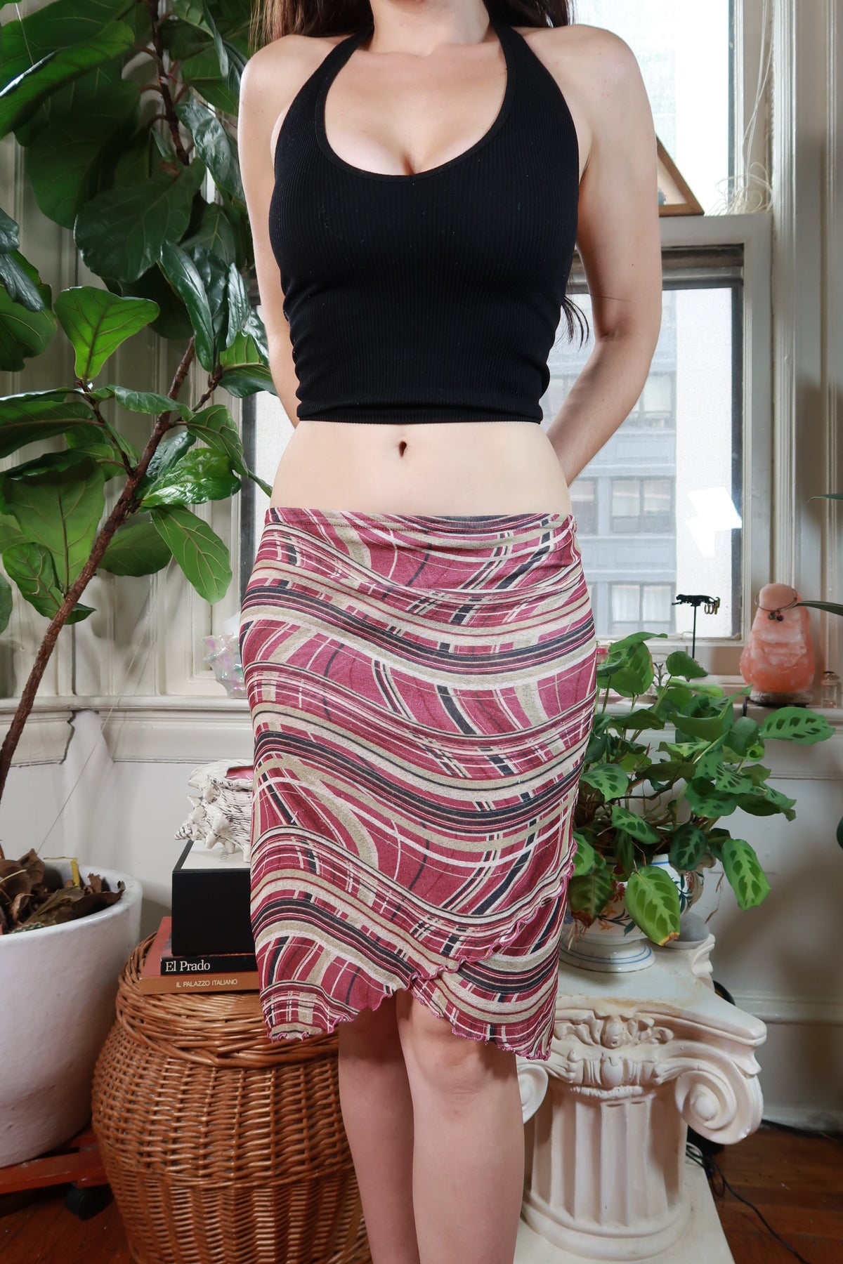 Vintage Y2K burgundy abstract print asymmetrical midi skirt for women, by Elektra Vintage, shown with its unique design and fabric details.