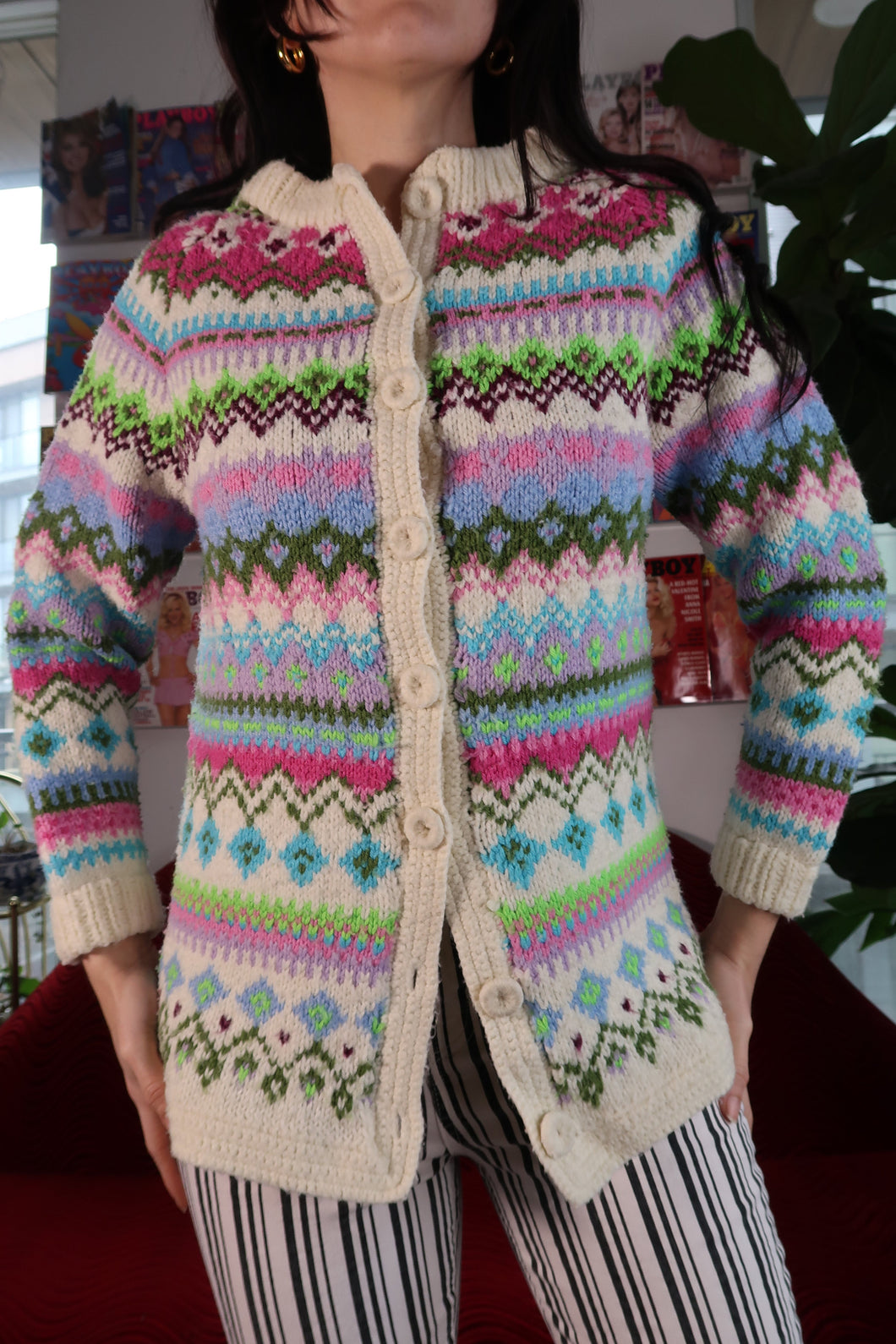 Vintage Handknit Colorful Button Down Cardigan