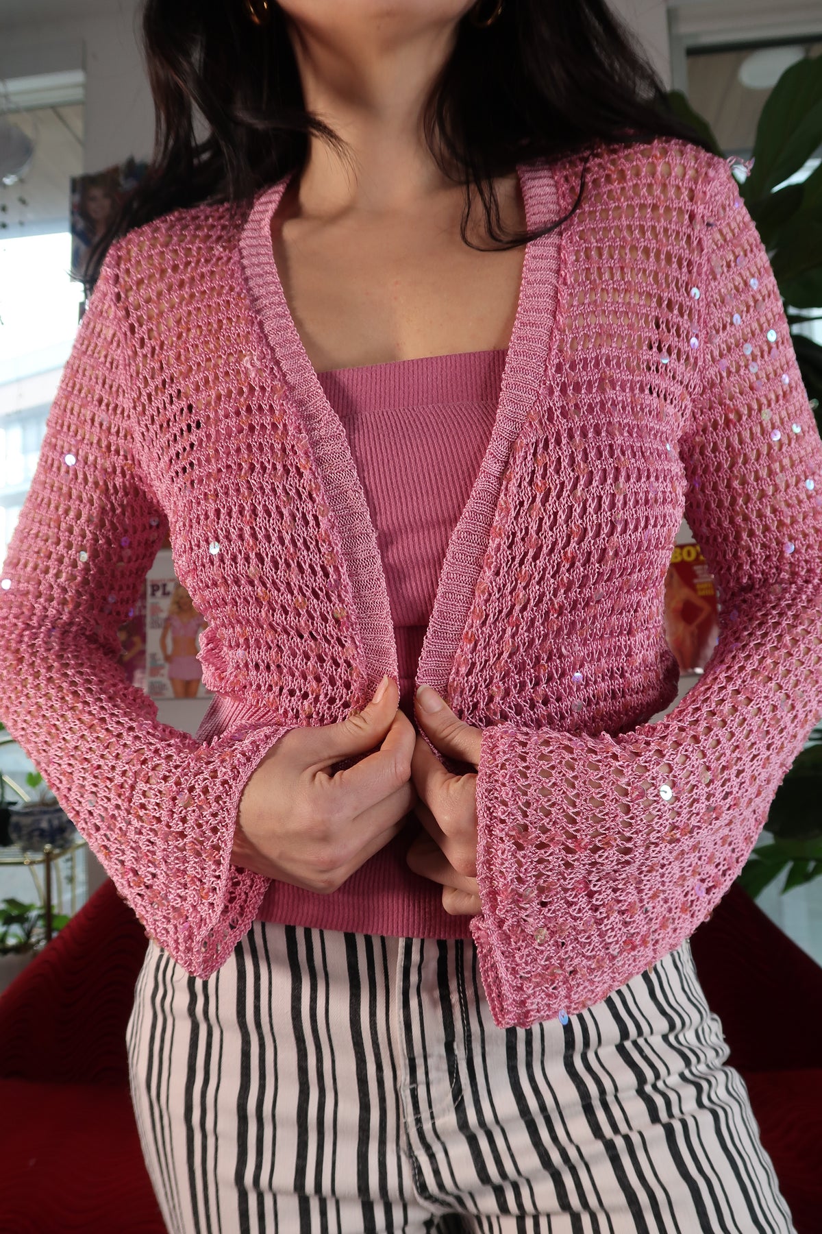 Vintage 2000s Pink Sequin Bell Sleeve Crochet Top