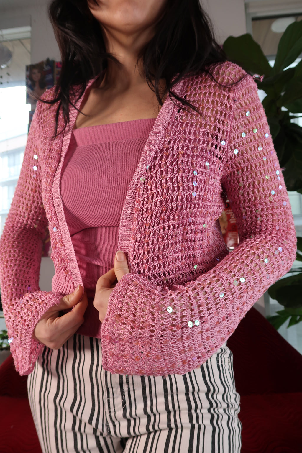 Vintage 2000s Pink Sequin Bell Sleeve Crochet Top