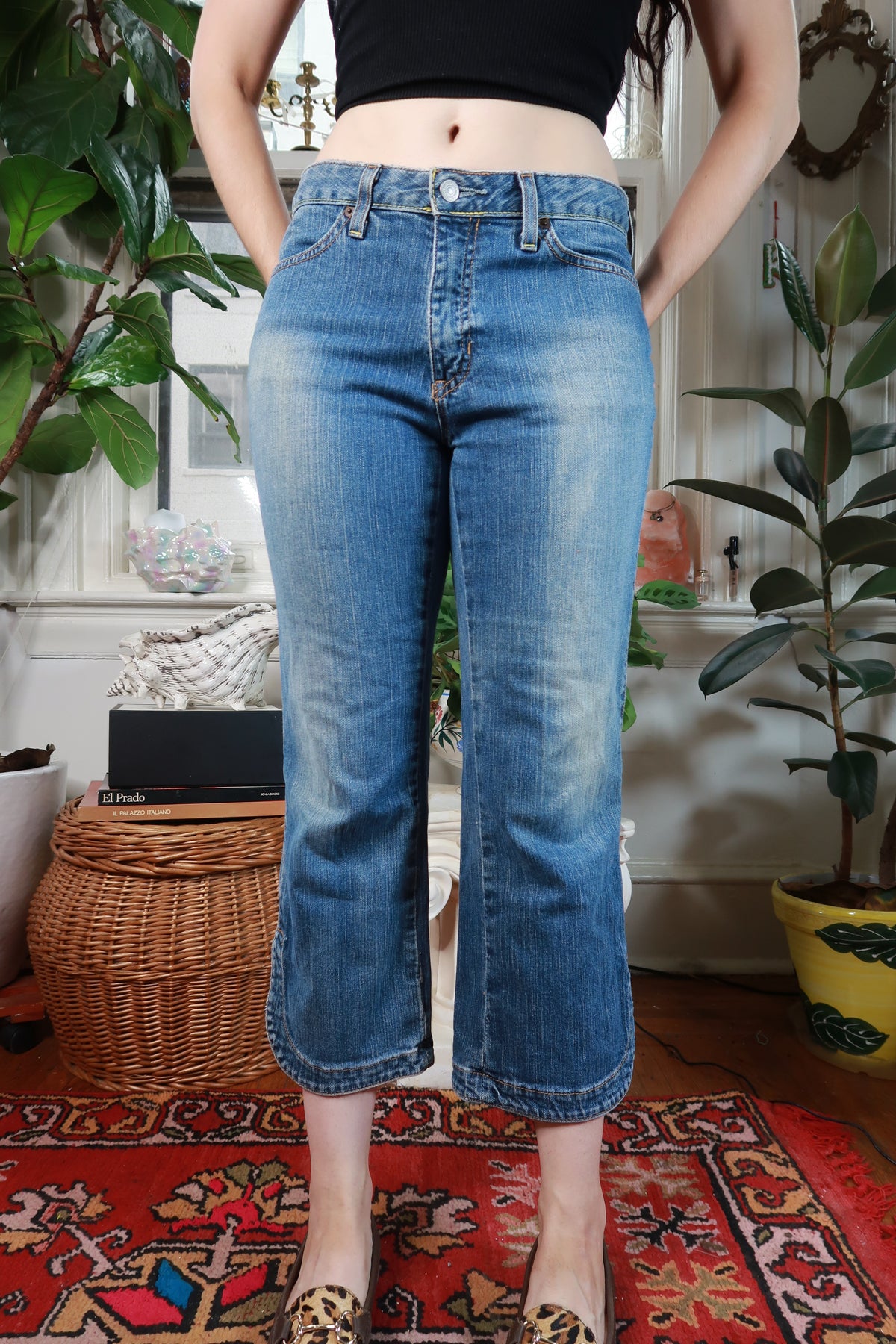 Elektra Vintage women's vintage Y2K Gap medium wash cropped bootcut jeans with distressed details and classic fit.