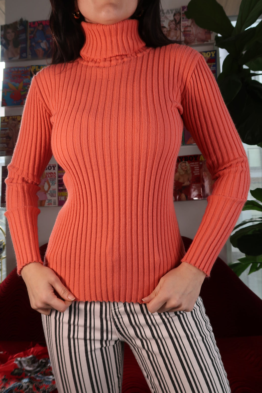 Vintage 70s Peach Ribbed Turtle Neck Long sleeve