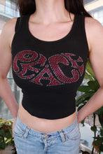 Load image into Gallery viewer, Black ribbed crop tank top featuring a rhinestone "PEACE" graphic, from Elektra Vintage, styled for Y2K aesthetics.
