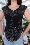 Vintage 2000s black rhinestone scroll top with scalloped hem, featuring a stylish design by Elektra Vintage for women.