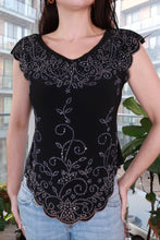 Load image into Gallery viewer, Women's Elektra Vintage black rhinestone scroll top with scalloped hem, featuring Y2K style and vintage design details.
