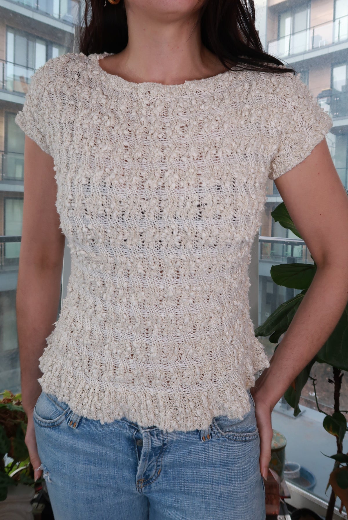 Vintage Cream Bouclé Textured Knit Short Sleeve Sweater