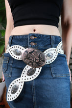 Load image into Gallery viewer, Vintage Y2K White Western Concho Belt with Oversized Engraved Silver Buckle
