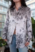 Load image into Gallery viewer, 100% Silk Grey Floral Button Up Blouse – Y2K Oversized Sheer Flowing Shirt - Elektra Vintage
