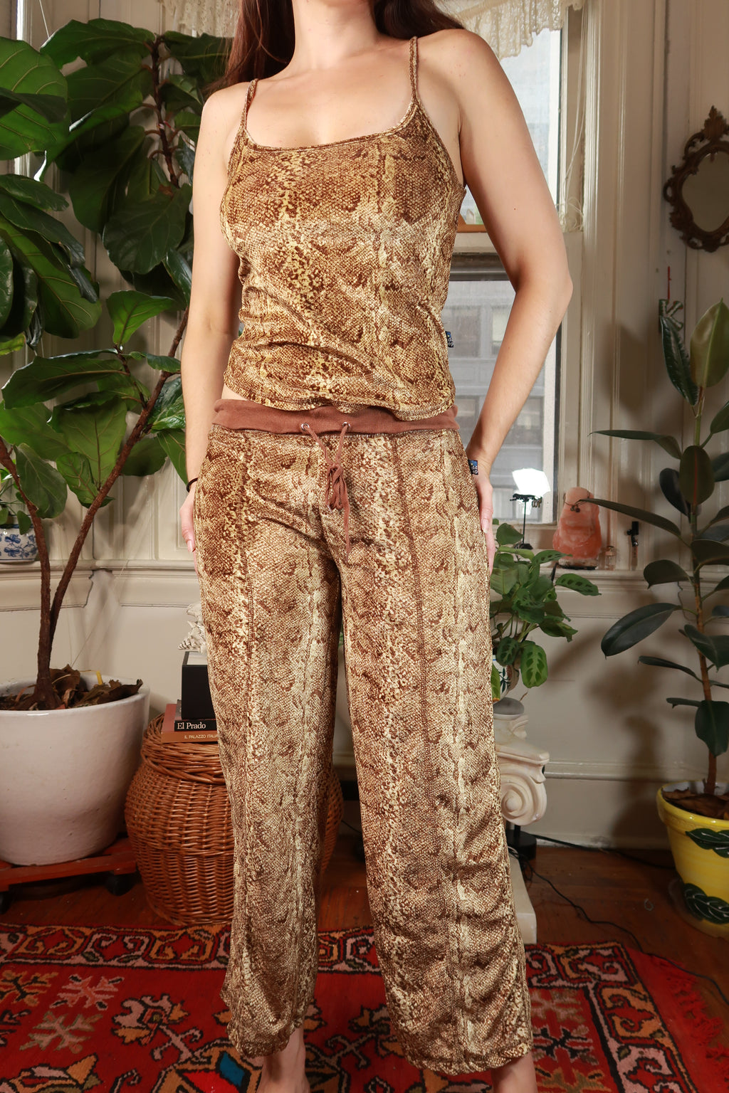 Vintage 2000s Mudd snakeskin print cami and low-rise pants set by Elektra Vintage, featuring a brown snakeskin pattern and fitted style.