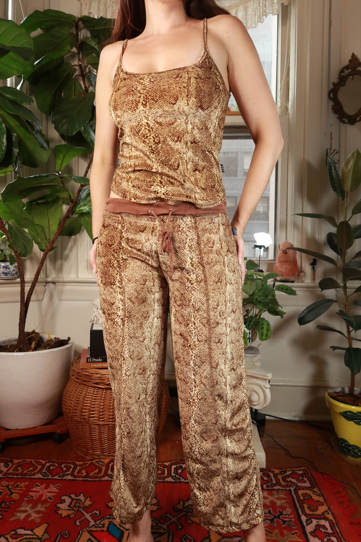 Vintage 2000s Mudd snakeskin print cami and low-rise pants set by Elektra Vintage, featuring a brown snakeskin pattern and fitted style.