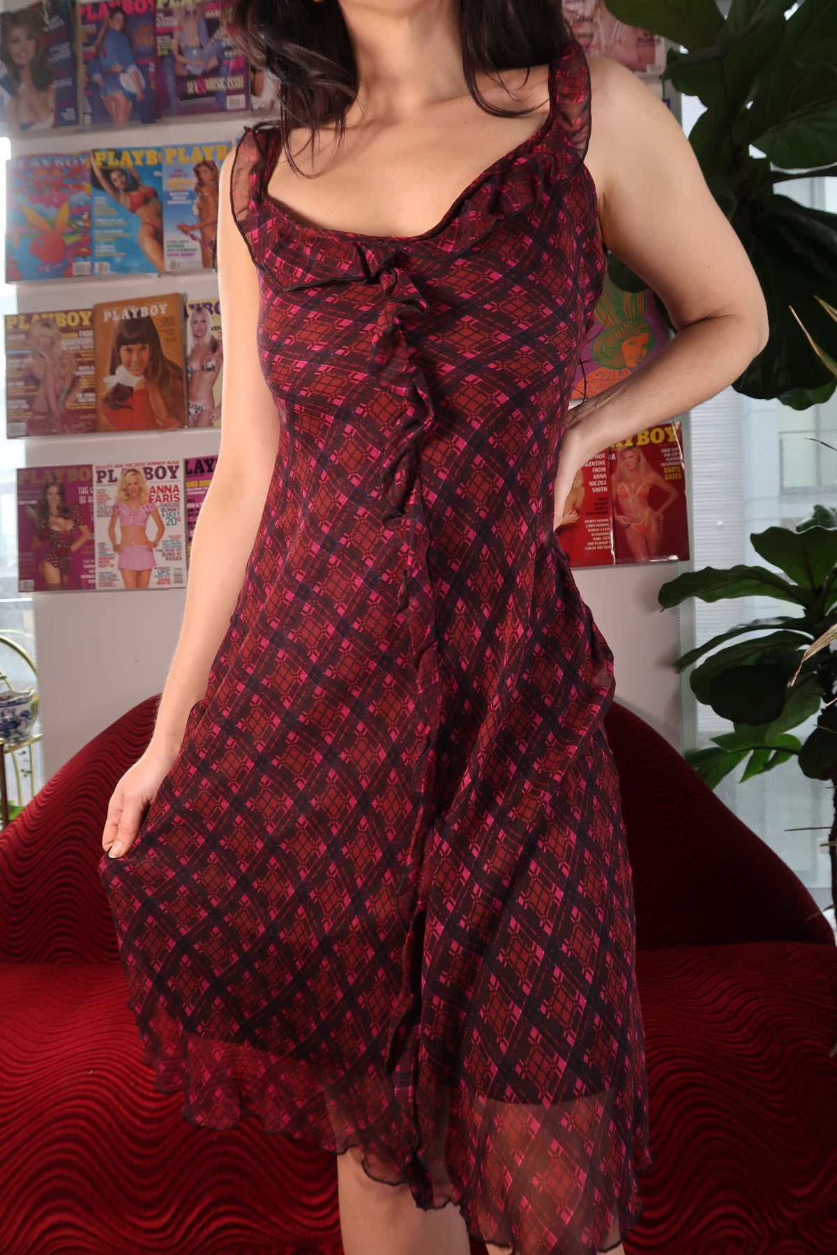 NWT Vintage Betsey Johnson 100% Silk Red Black Geometric Silk Dress with Ruffles