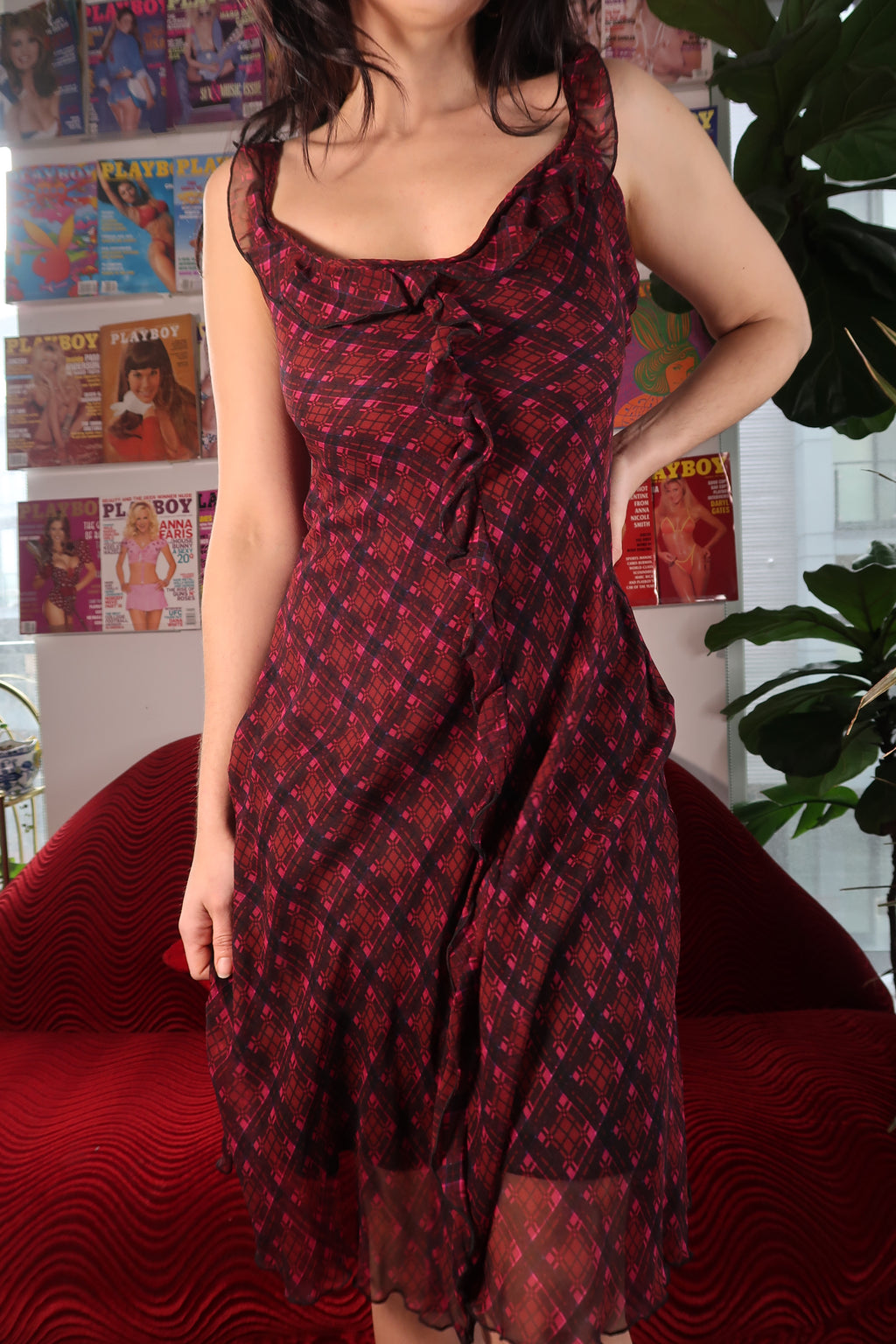 NWT Vintage Betsey Johnson 100% Silk Red Black Geometric Silk Dress with Ruffles
